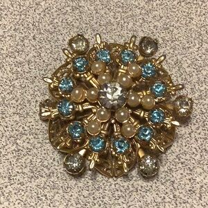 Vintage Gold Brooch with Blue and Pearl Accents